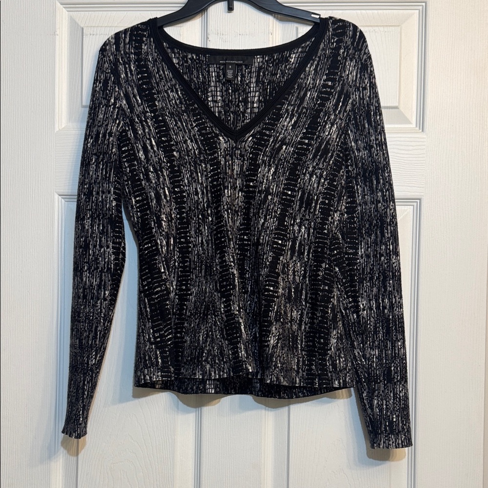 White House Black Market Black and White V-Neck Peplum Sweater